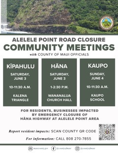 County to hold community meetings this weekend in Kīpahulu, Hāna, Kaupo to discuss Alelele Point road closure