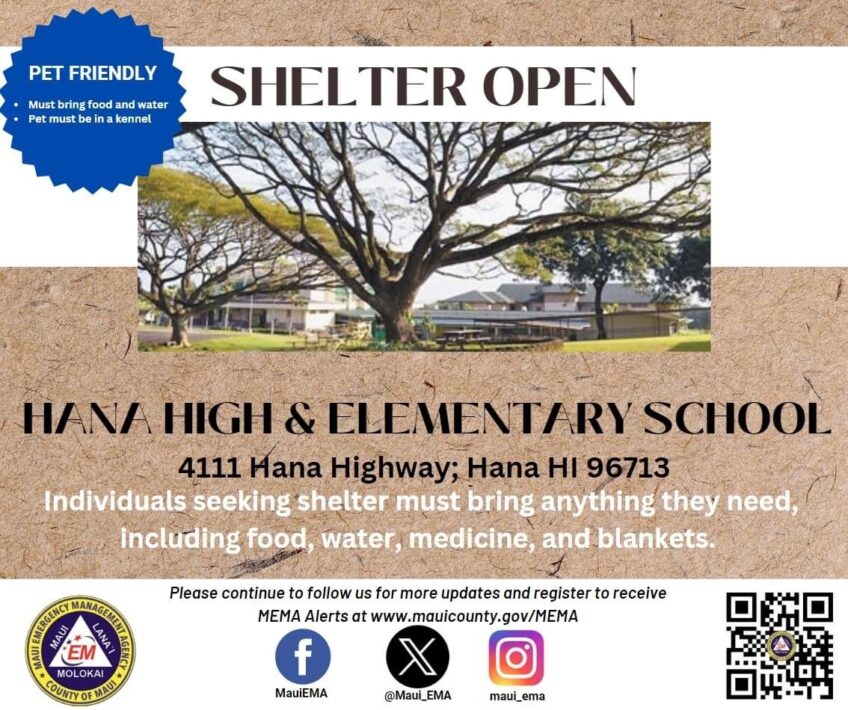 UPDATED: Red Cross Shelter Open NOW at Hāna School Cafeteria