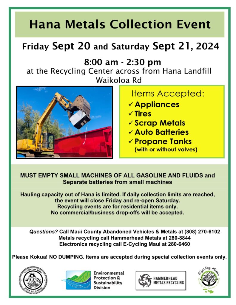 Hana Recycling Event Sept. 20-21, 2024